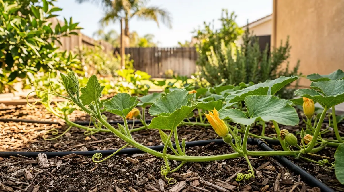 Pumpkin vine with green leaves and yellow blossoms growing in a backyard garden bed
